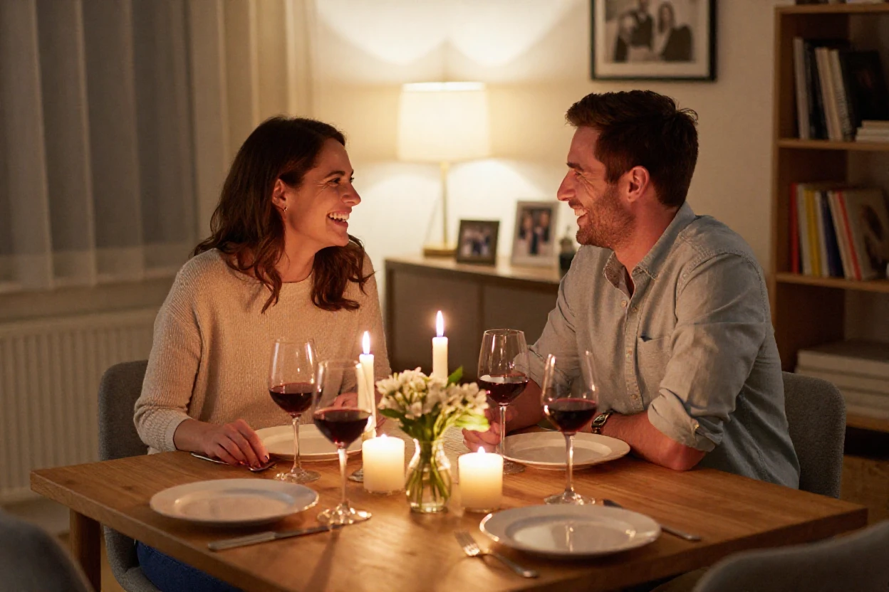 A couple celebrating their anniversary with a candlelit dinner at home.