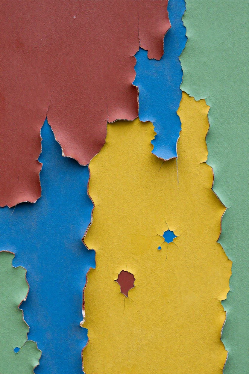 Close-up of a peeling paint texture with vibrant layered colors.