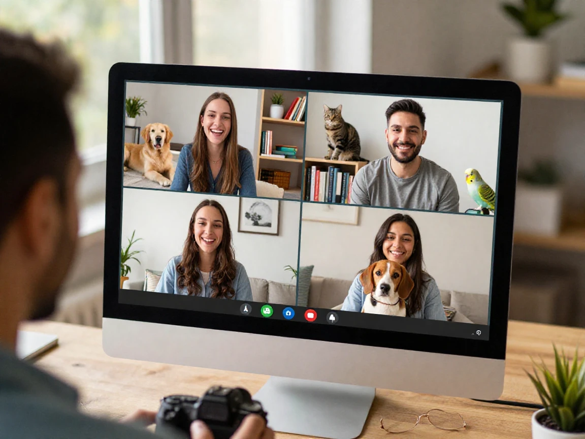 A remote team having a friendly video call with pets visible in the background.