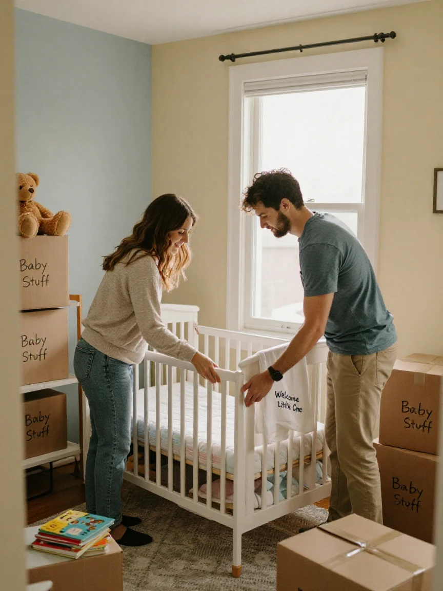 A young couple moving furniture into a nursery, preparing for a baby.