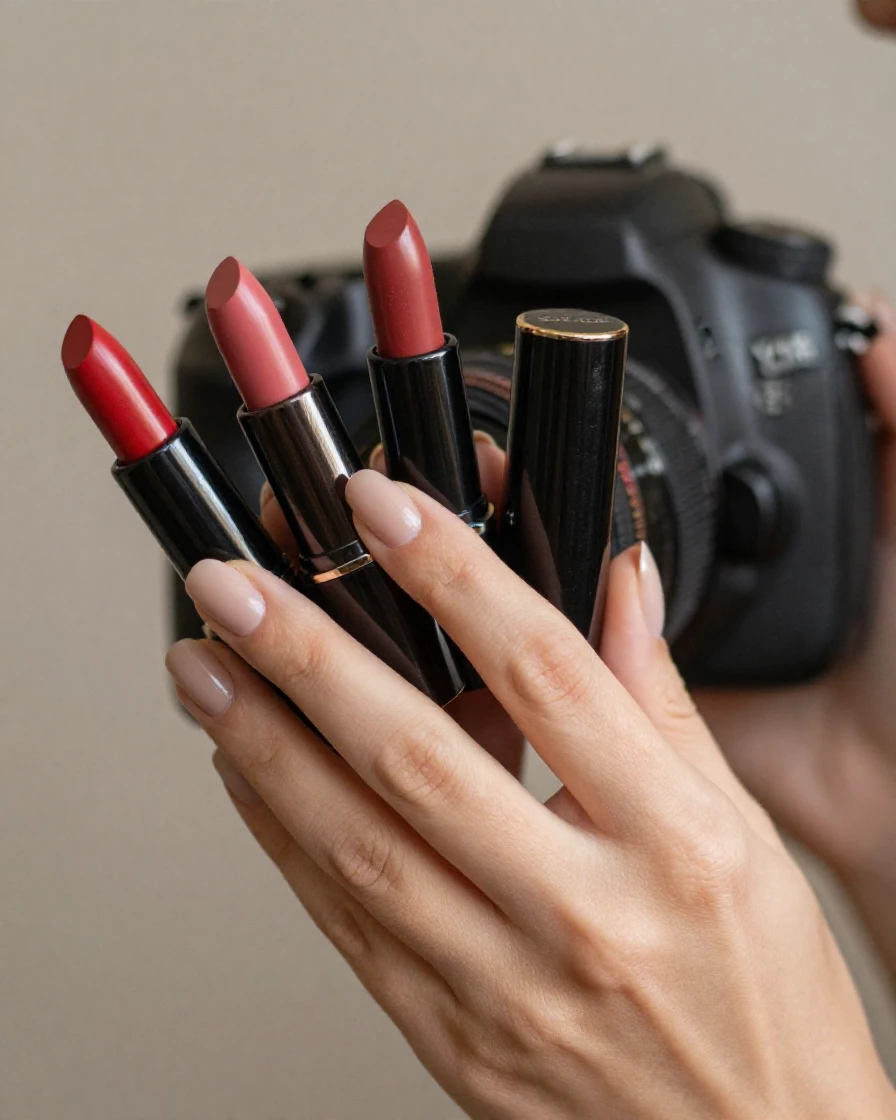 A close-up of a hand holding several lipstick shades fanned out.