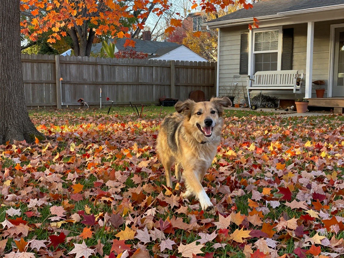 A dog running through fallen autumn leaves in a backyard.