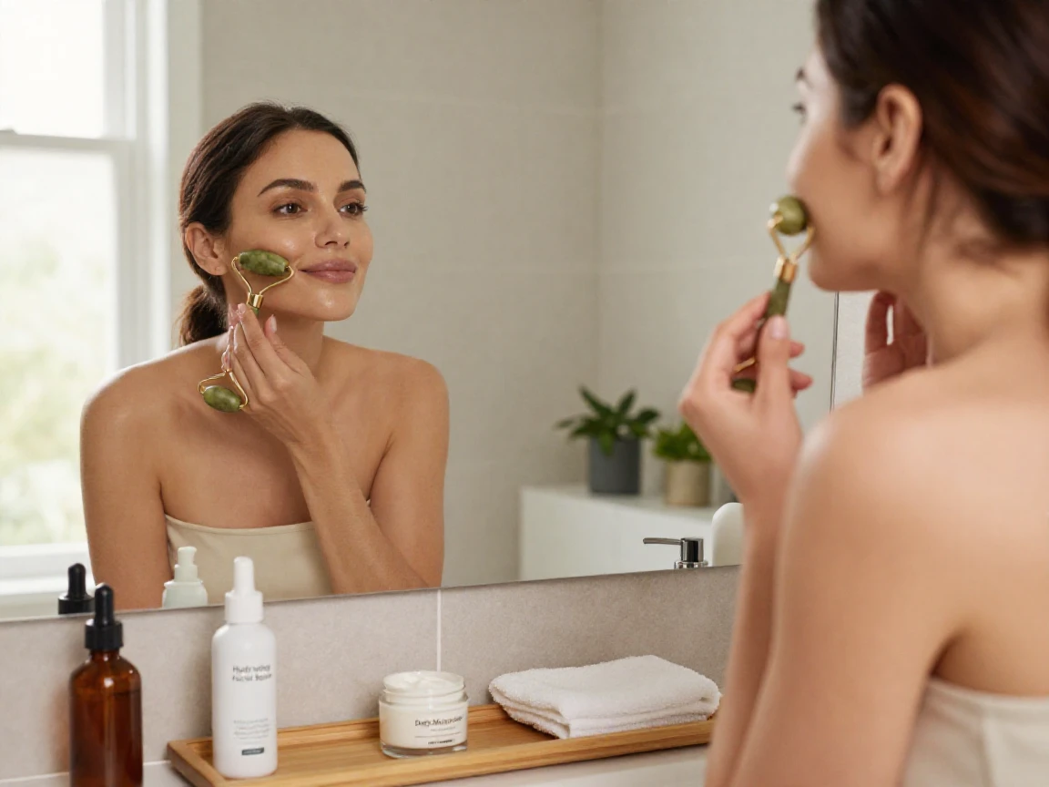 A woman doing a skincare routine with a jade roller in the mirror.