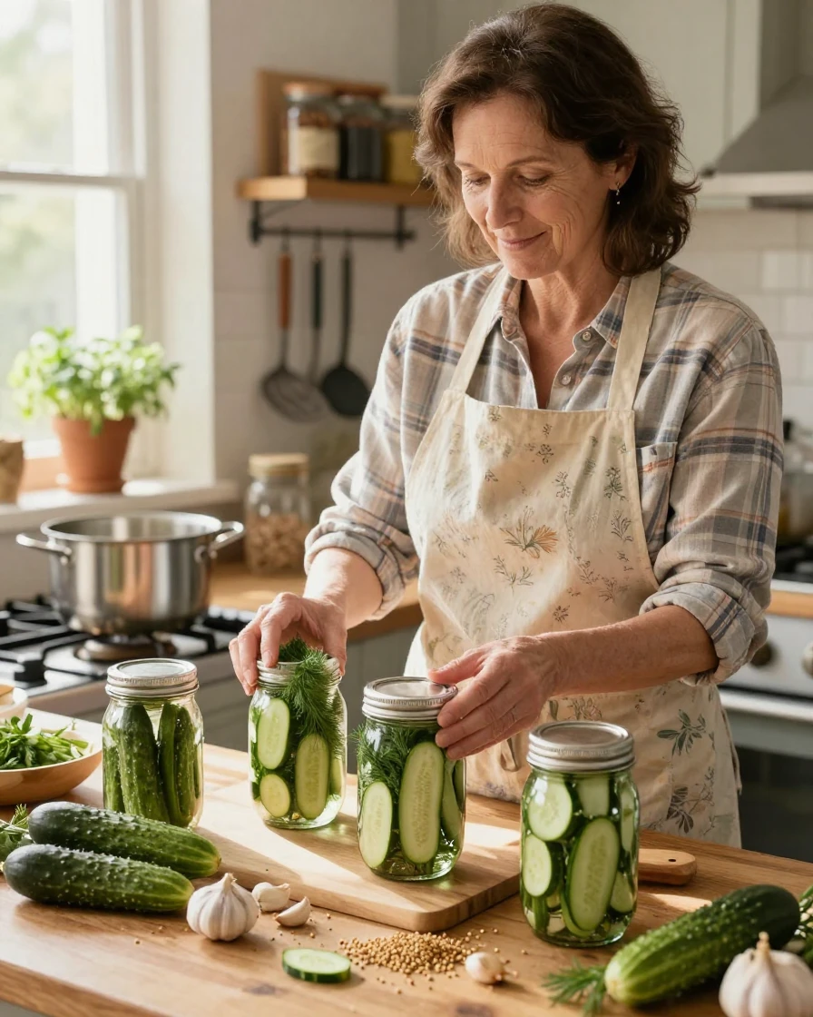 A woman canning pickles in mason jars in her kitchen.