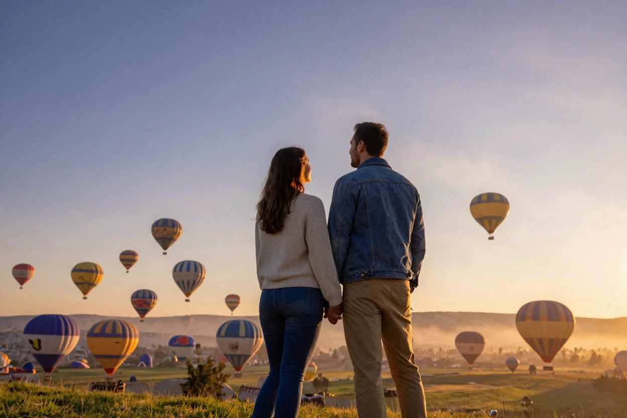 A couple watching a hot air balloon festival at sunrise.