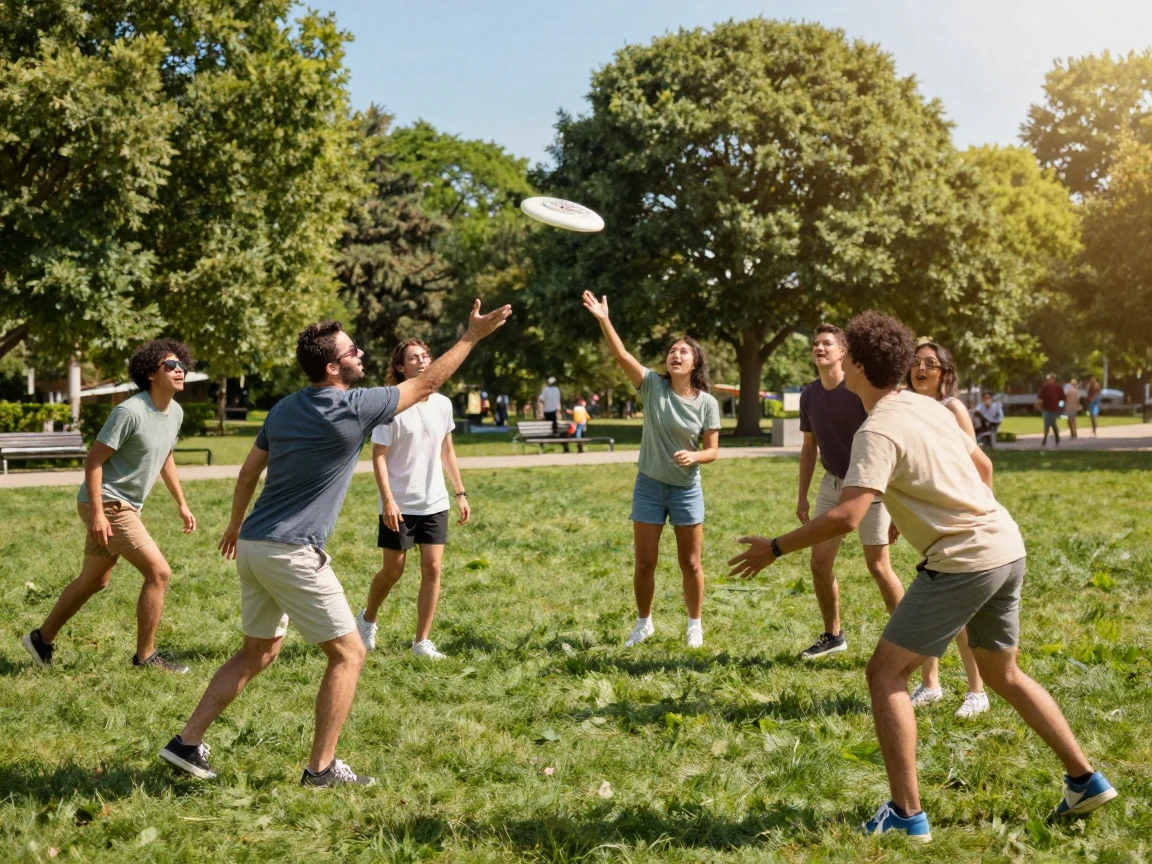 A group of friends playing frisbee in a park on a sunny day.