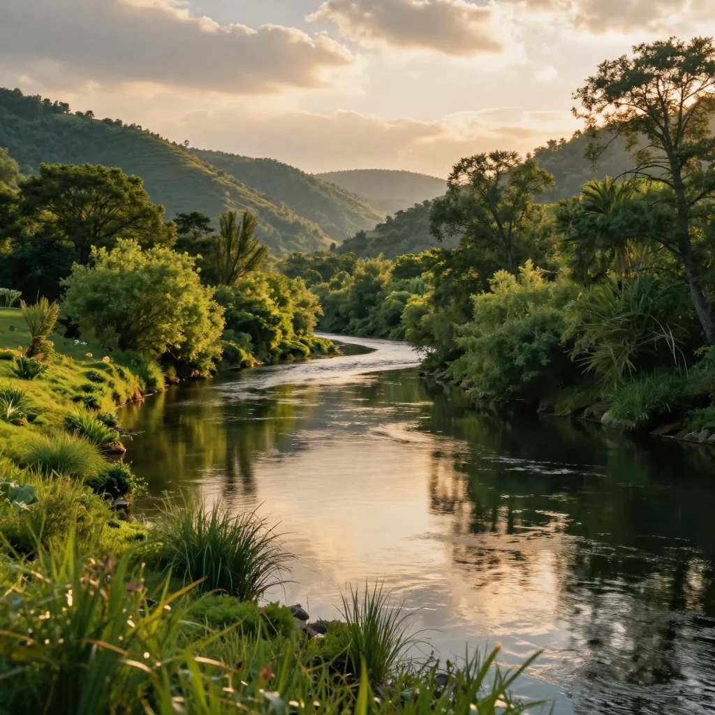 A tranquil river winding through a lush green valley.
