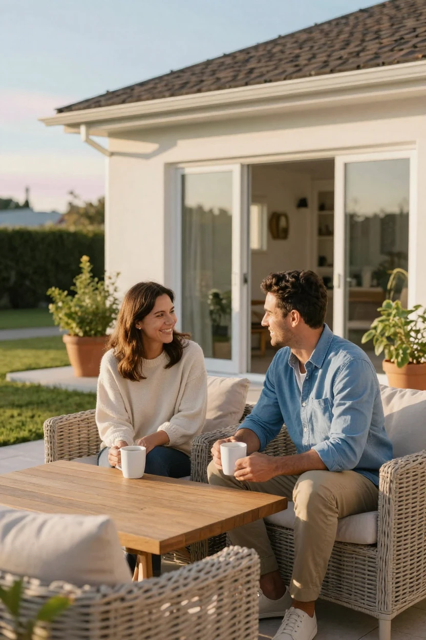 A couple enjoying morning coffee on the patio of their new home.