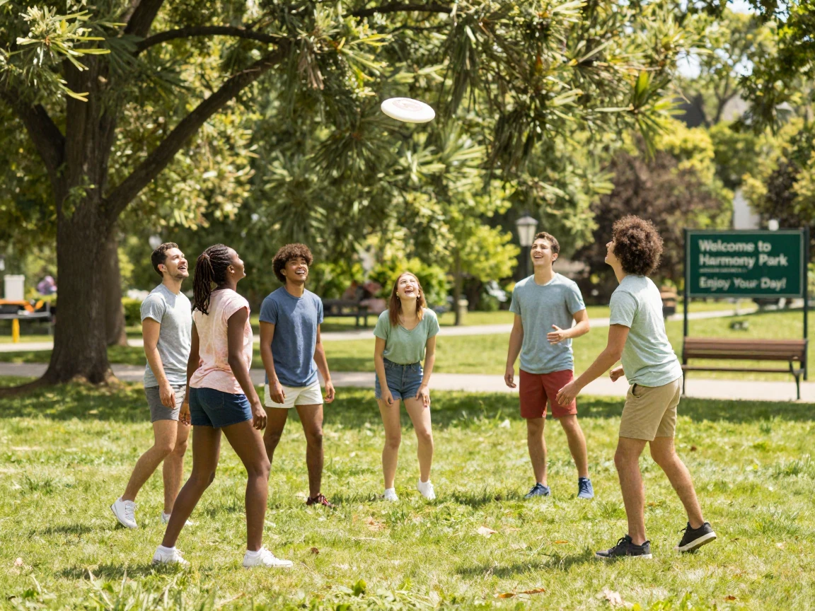 A group of friends playing frisbee in a park on a sunny day.