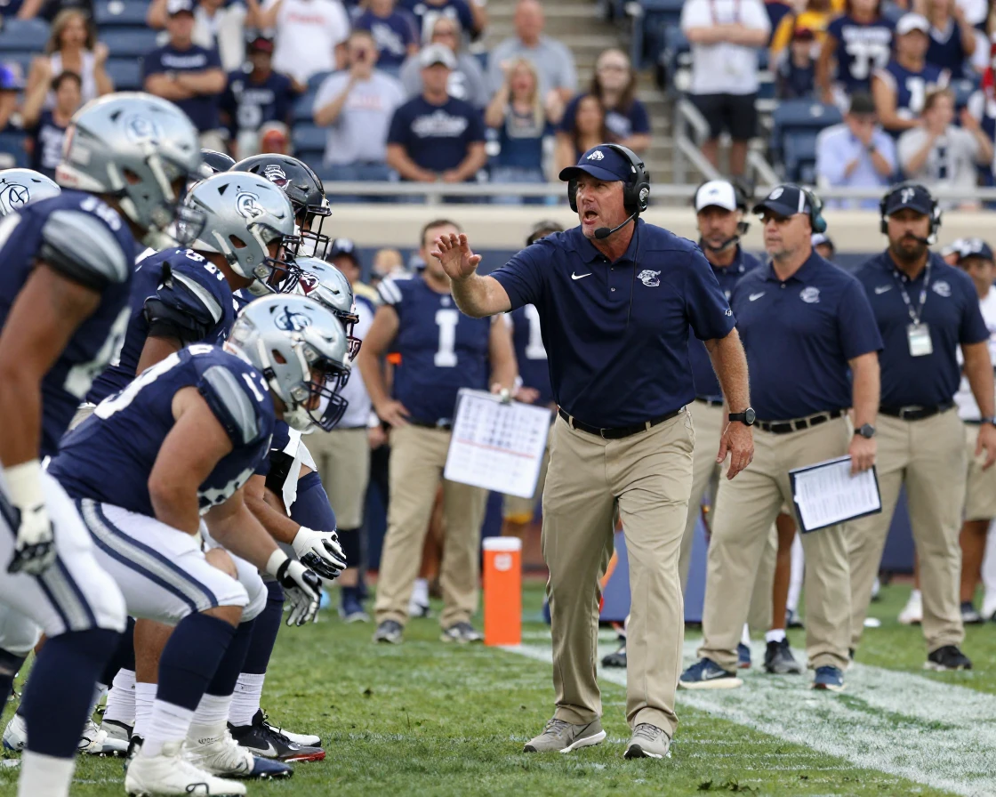 A football coach giving instructions to players on the sideline.