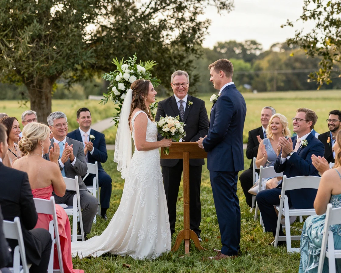 A wedding officiant pronouncing a couple married in front of guests.