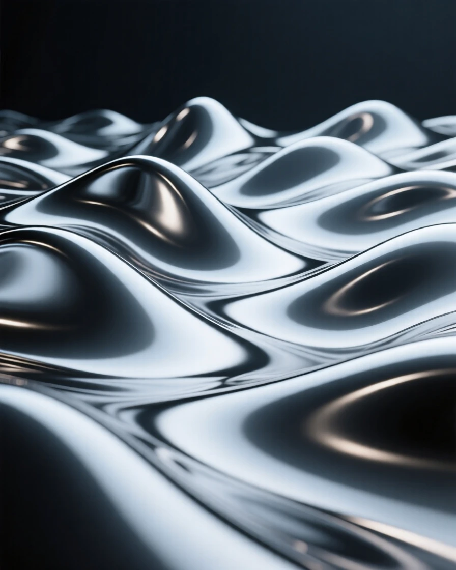 Abstract 3D render of a wave-like surface in metallic silver.