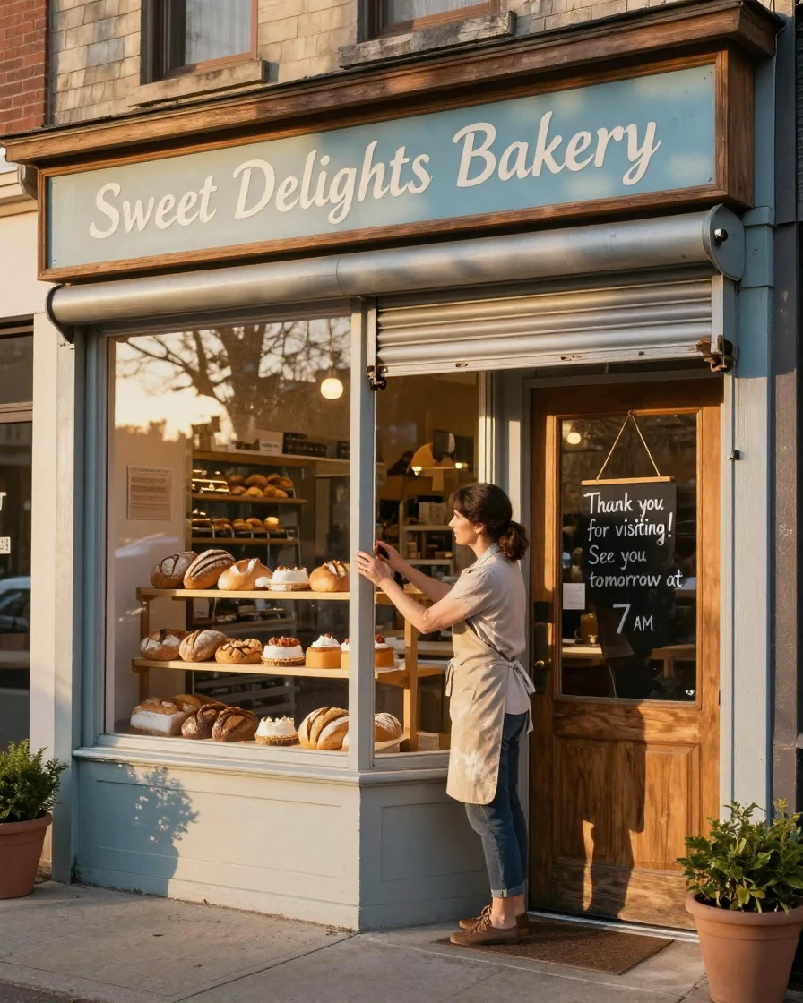A woman closing up her small bakery storefront at the end of the day.