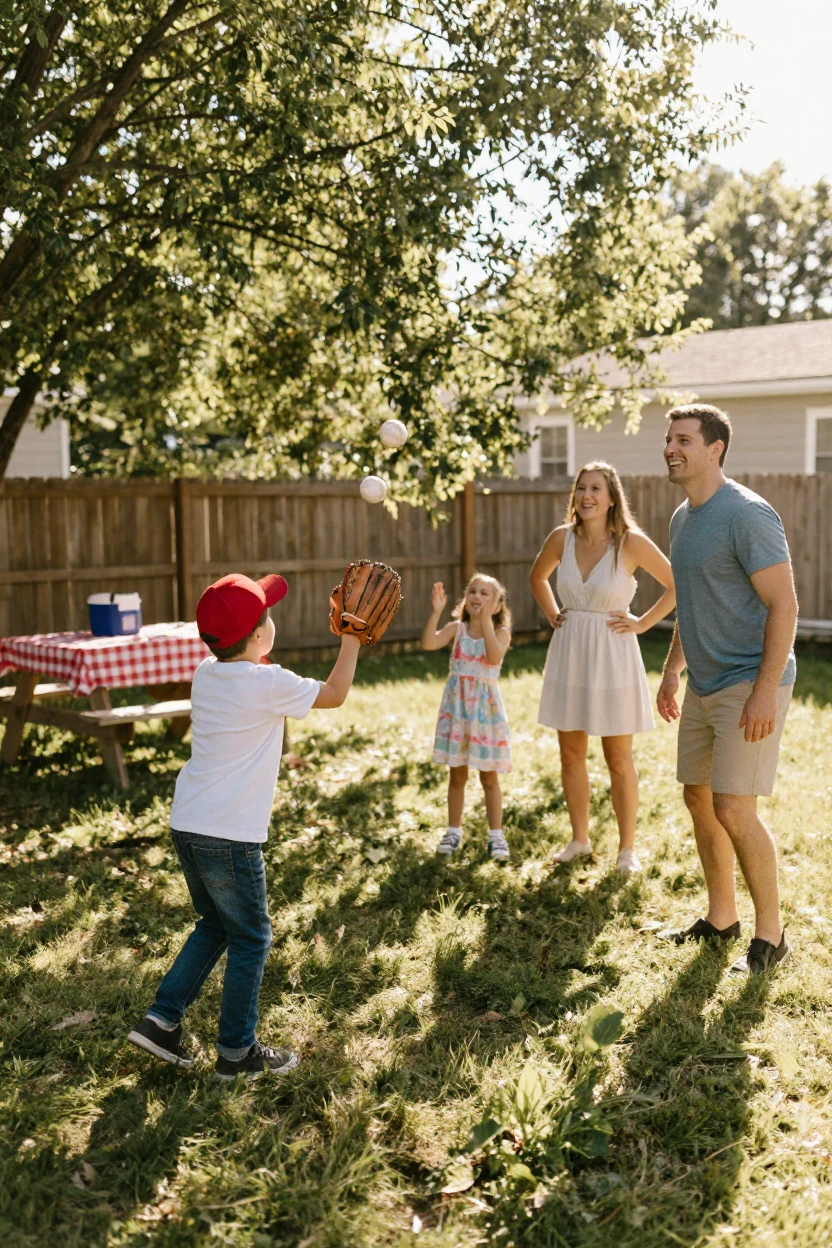 A family playing catch together in the backyard on a sunny afternoon.