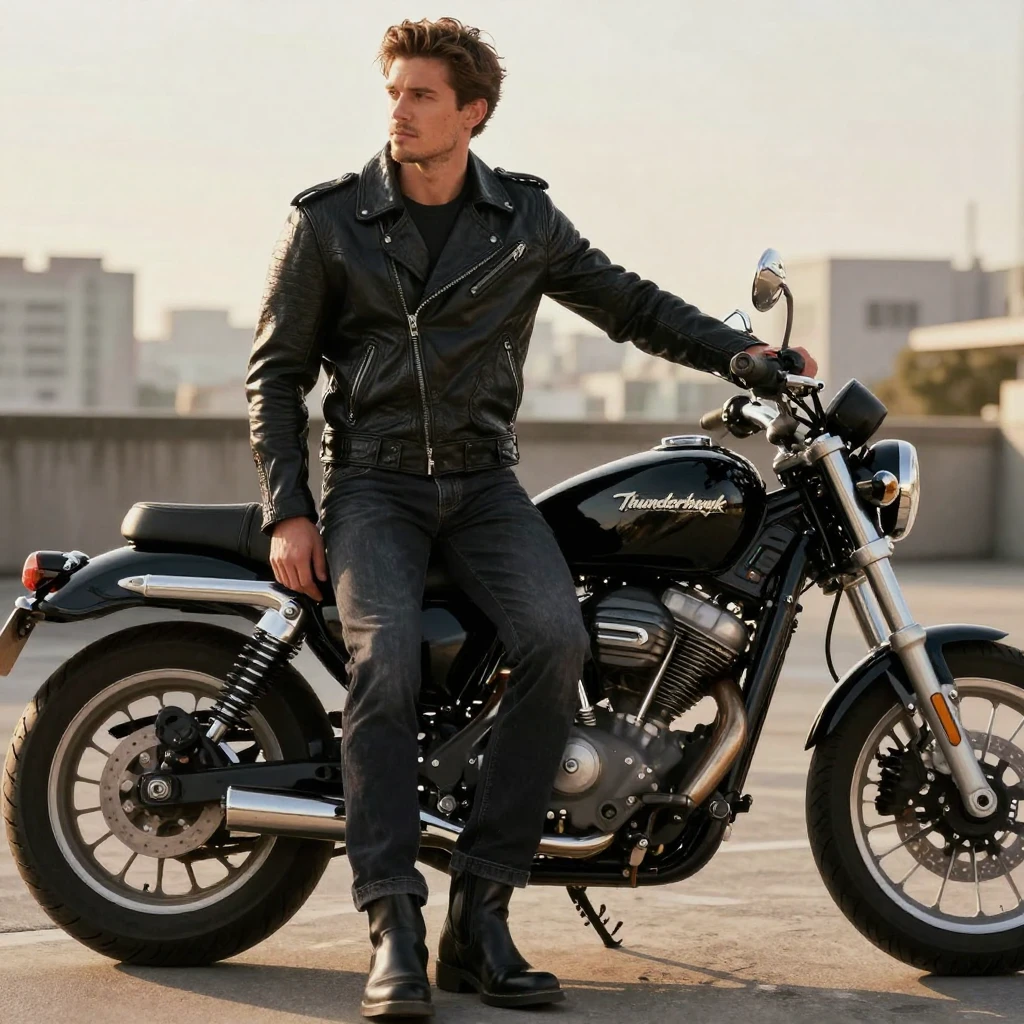 A man in a leather jacket leaning against a motorcycle, styled for a fashion shoot.