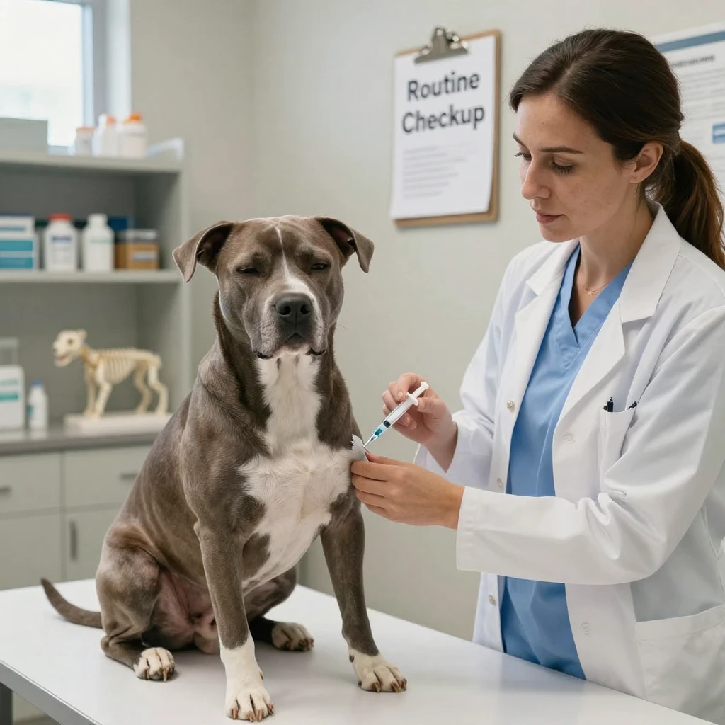 A veterinarian vaccinating a calm dog during a checkup.