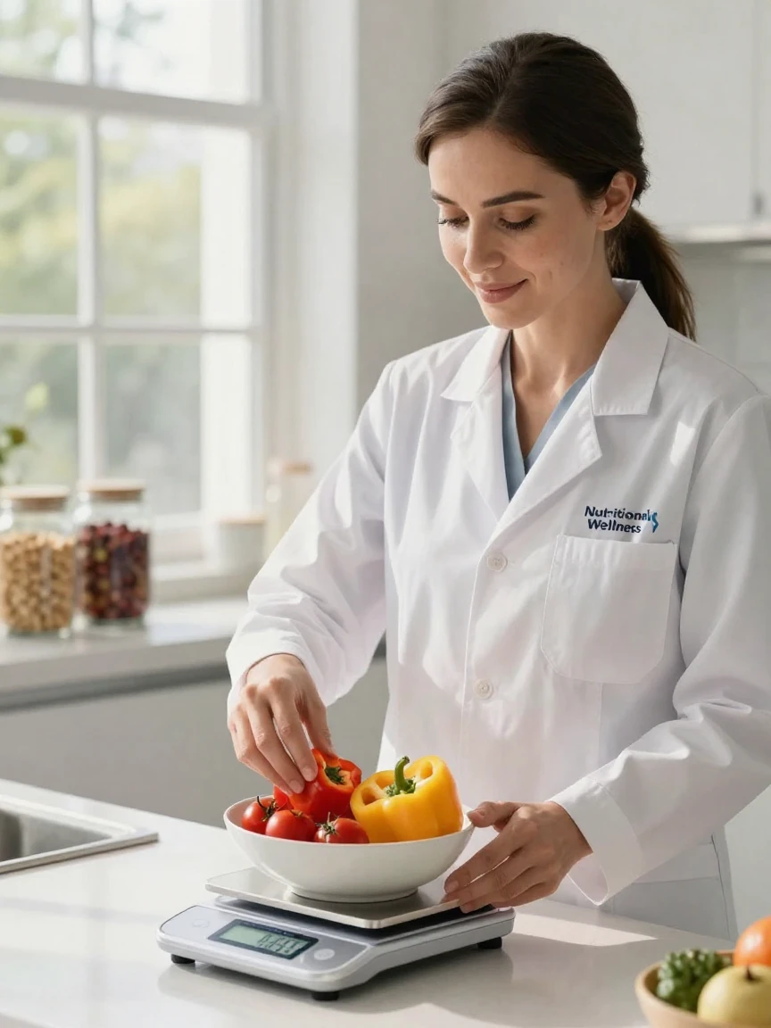 A dietitian measuring portions of food on a kitchen scale.