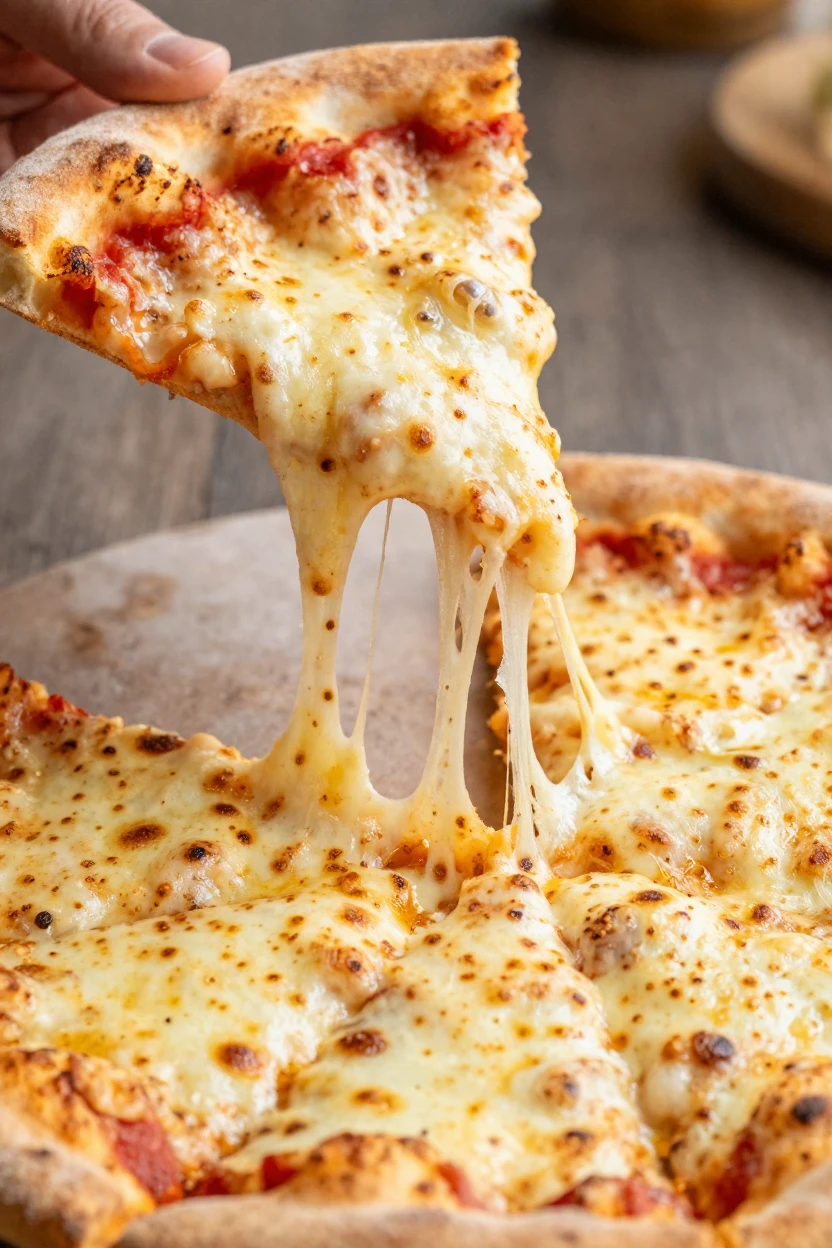 A close-up of melted cheese stretching from a slice of pizza.