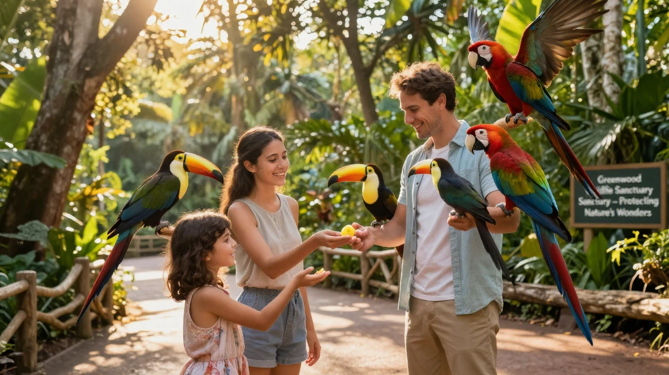 A family feeding exotic birds at a wildlife sanctuary.