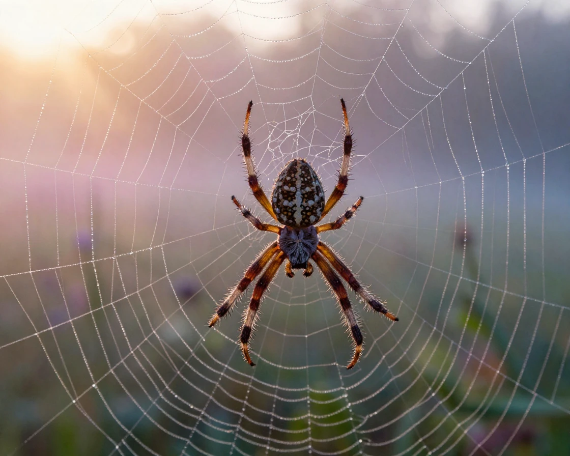 A close-up of a spider spinning an intricate web at dawn.