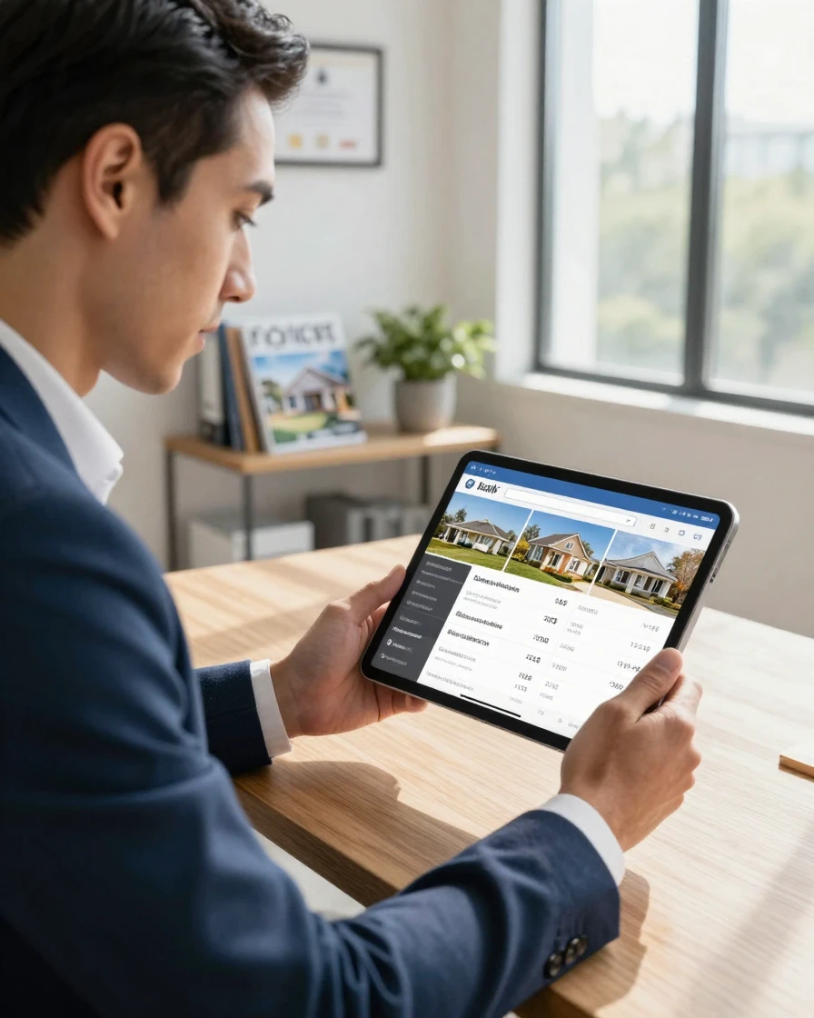 A real estate agent reviewing comparable listings on a tablet.