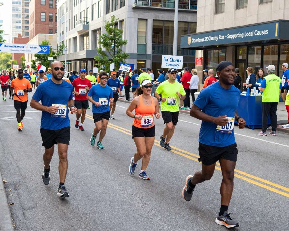 A group of runners participating in a 5k charity race downtown.