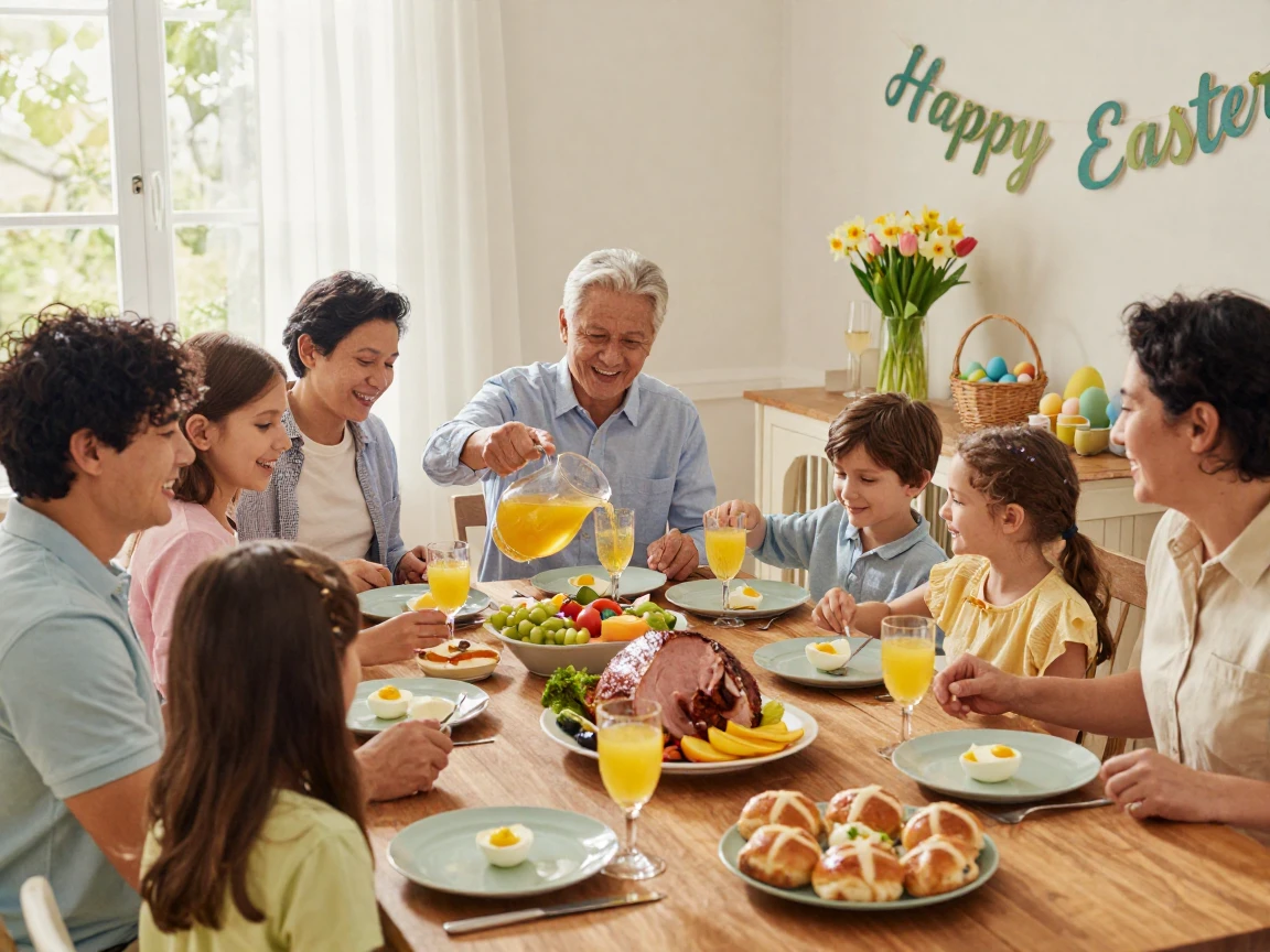 A family gathered together for a festive Easter brunch.