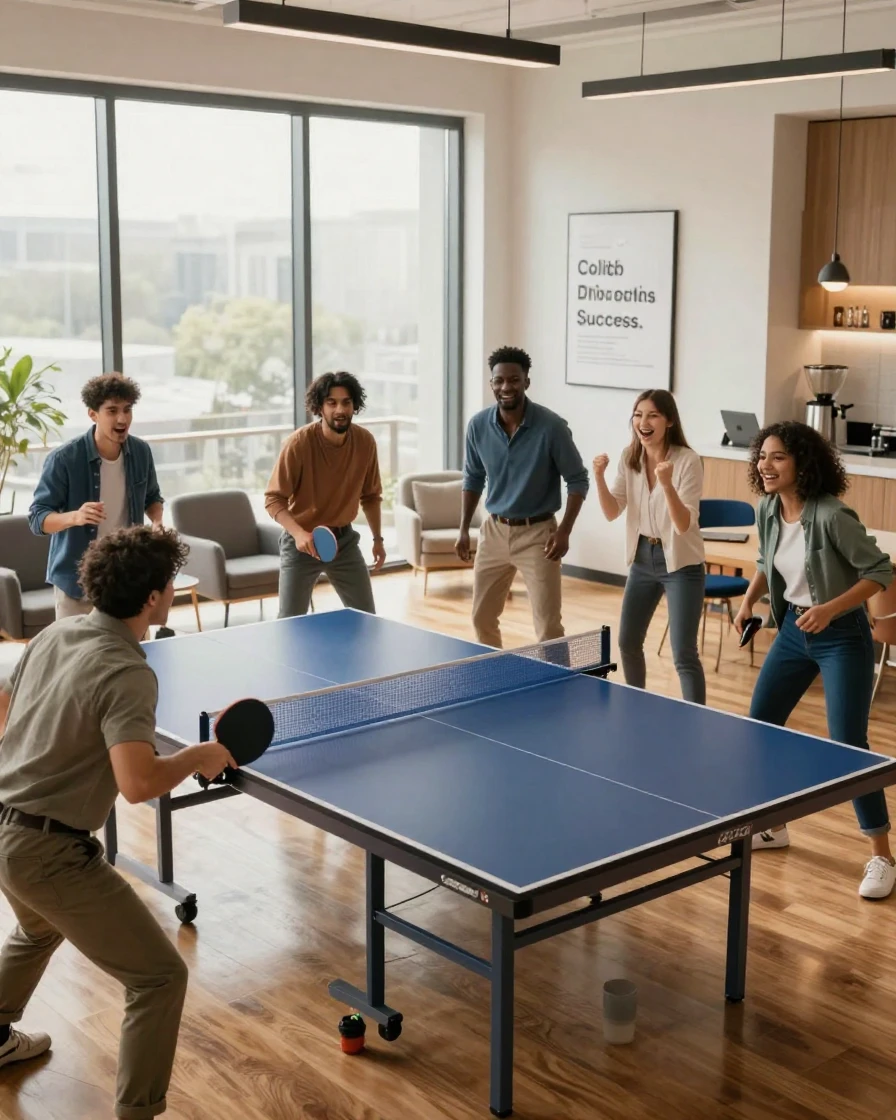 A group of coworkers playing table tennis in a modern office break room.