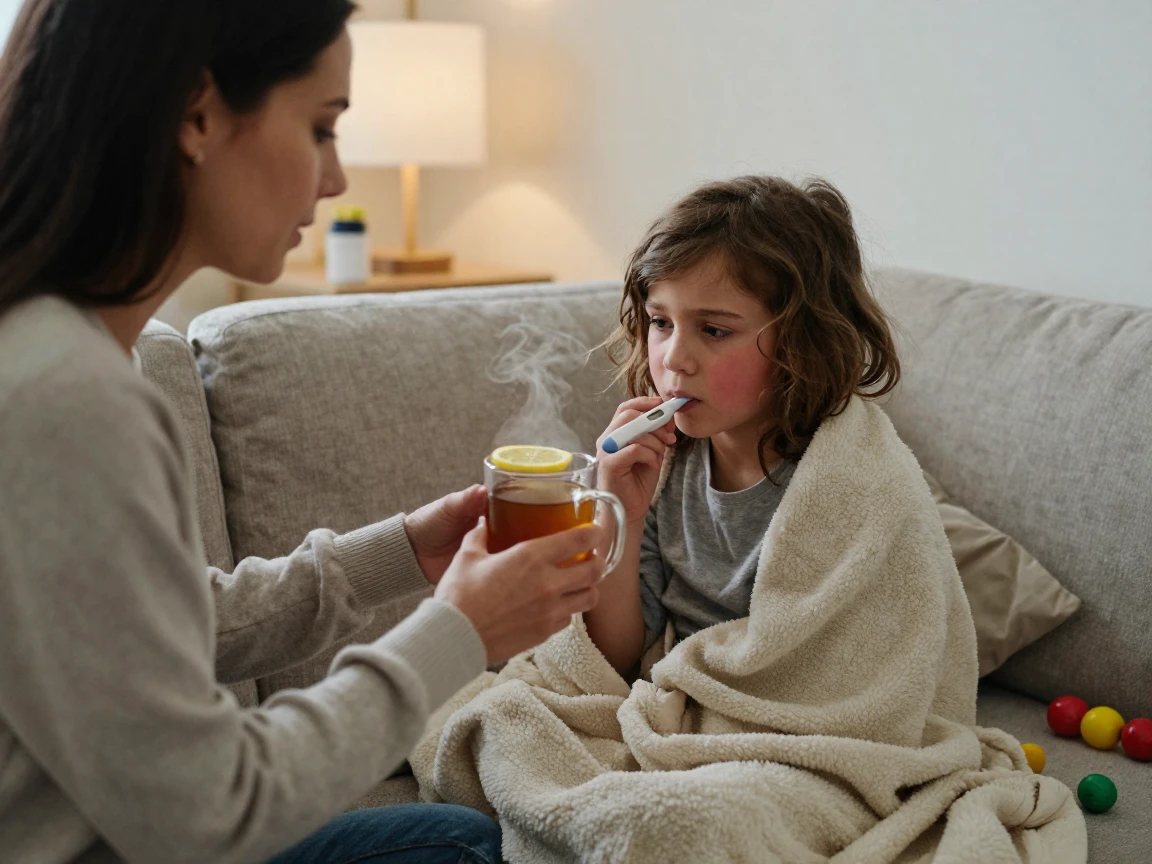 A mother comforting her sick child with a thermometer and warm tea.