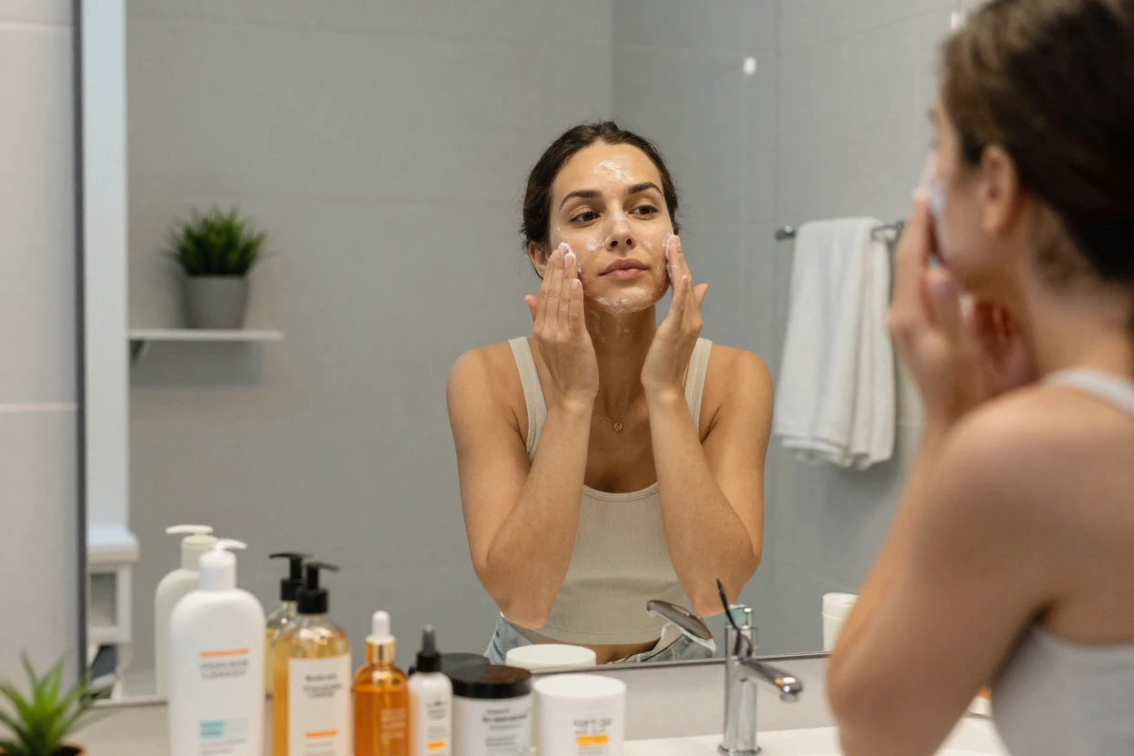 A woman doing a full skincare routine with multiple products lined up on a counter.