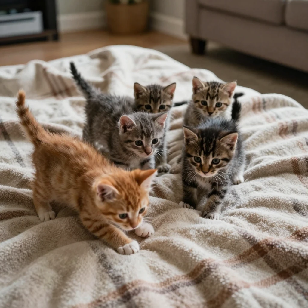 A litter of kittens exploring a blanket together for the first time.