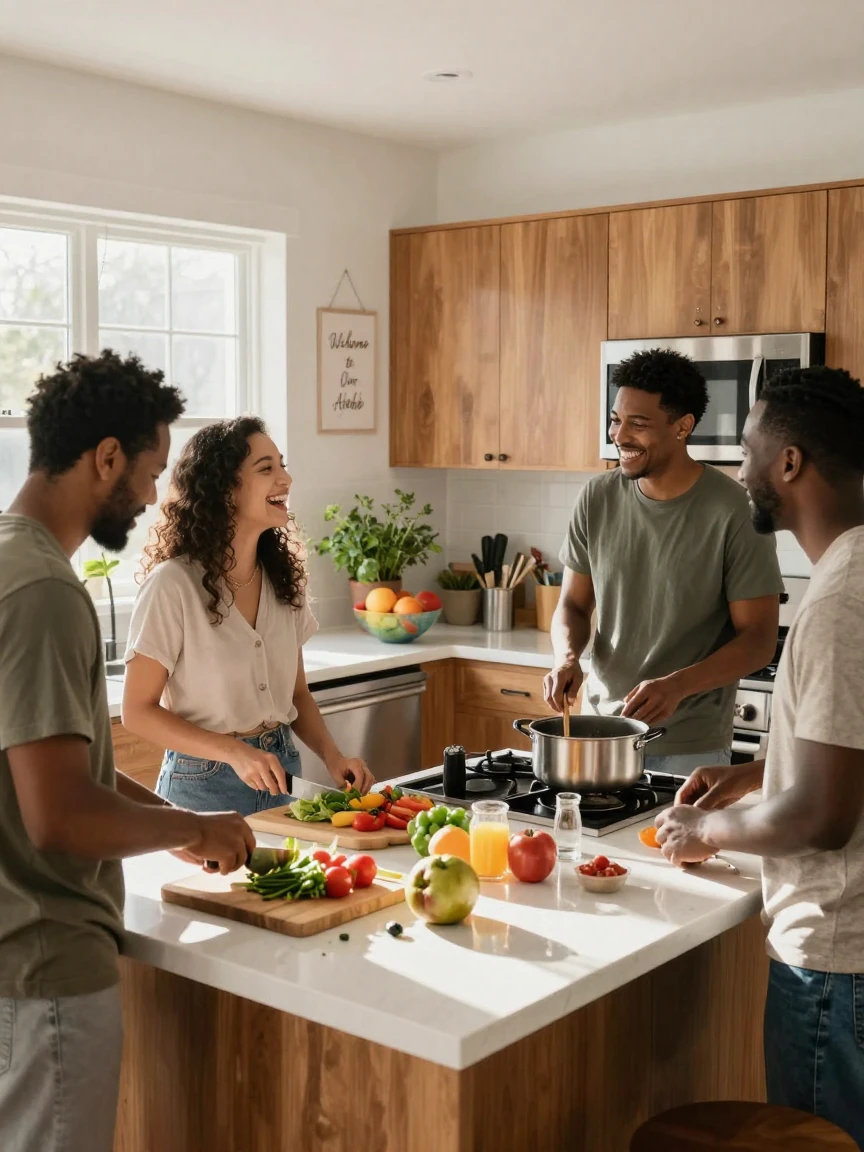 A group of friends cooking together at a shared Airbnb kitchen.