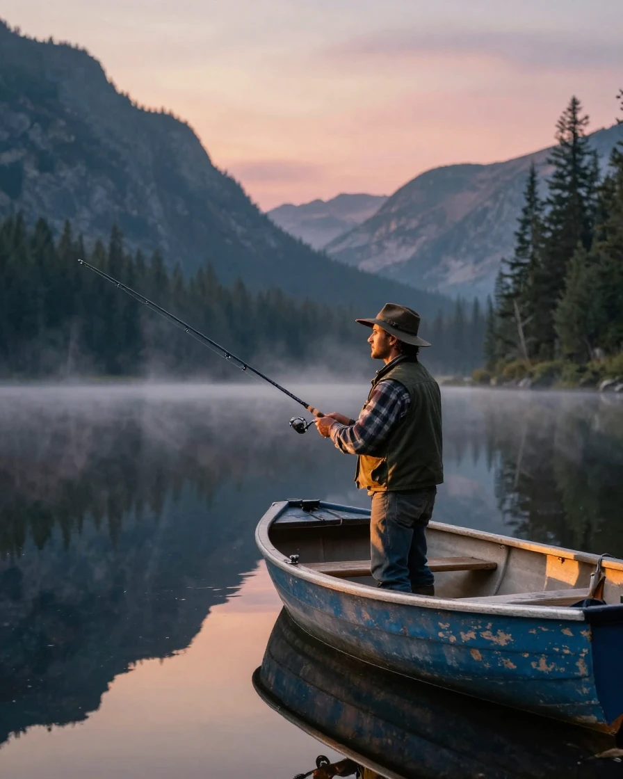 A man fishing from a small boat on a peaceful mountain lake.