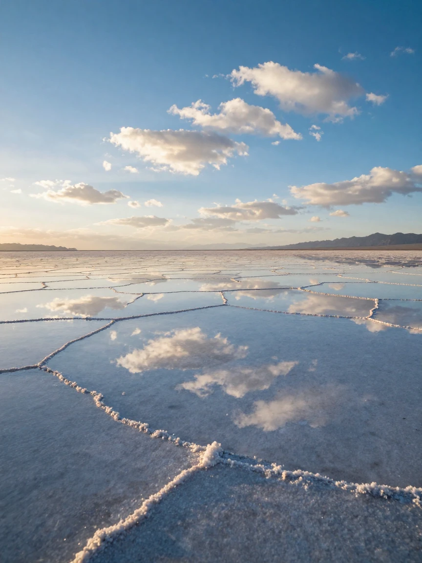 A vast salt flat reflecting the sky like a giant mirror.