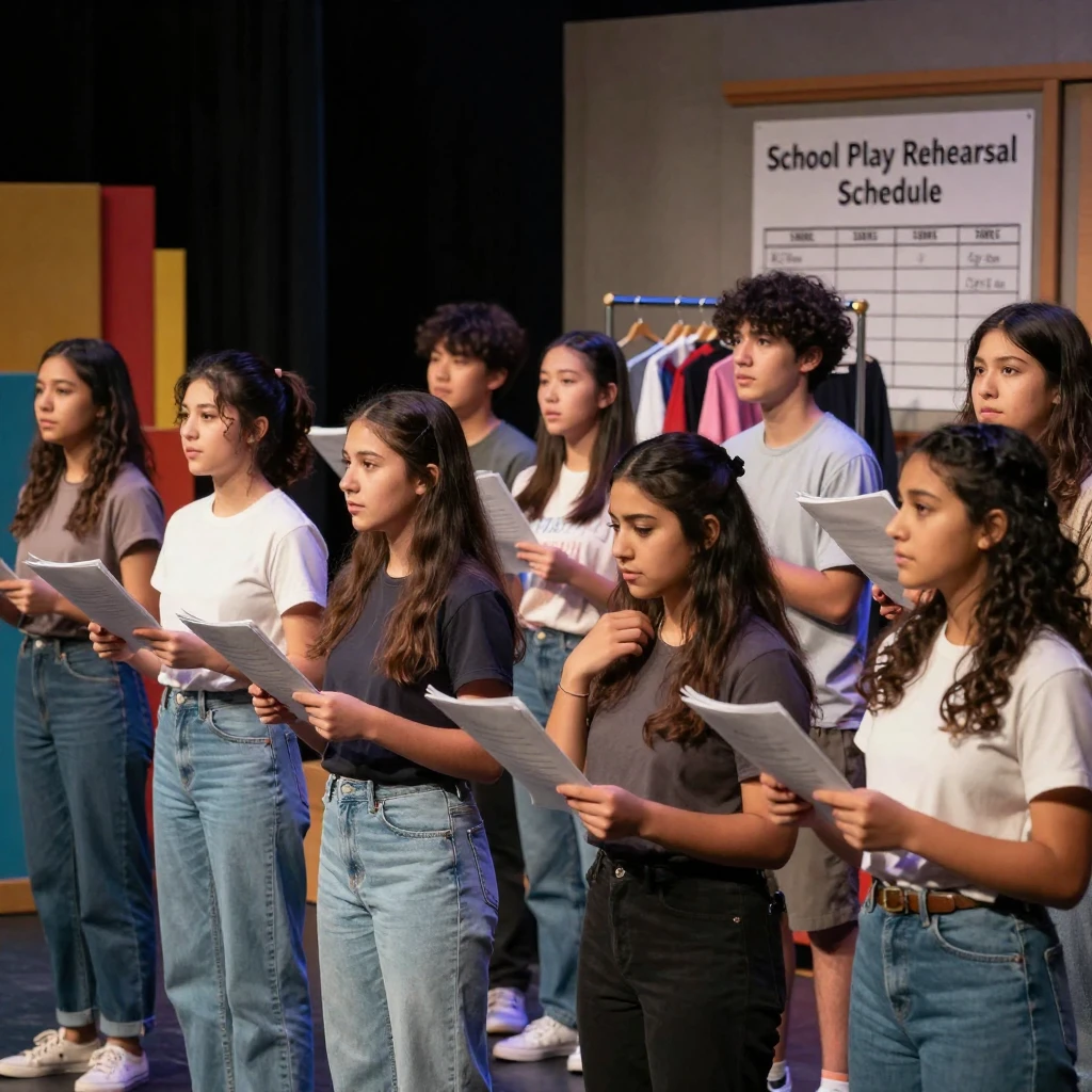 A group of students rehearsing for a school play backstage.