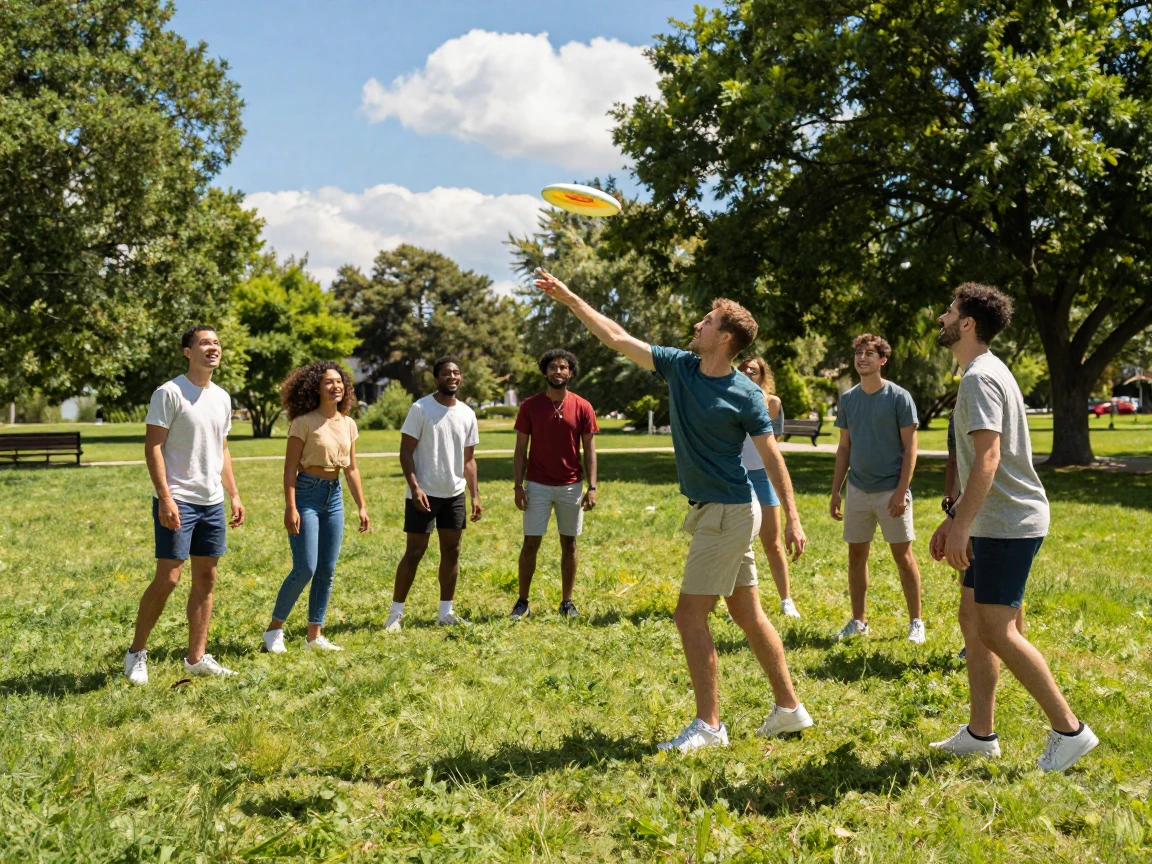 A group of friends playing frisbee in a park on a sunny day.