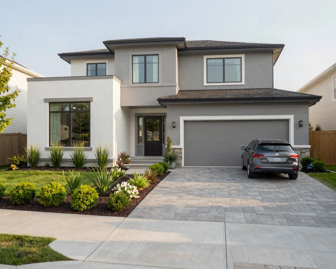 A modern home exterior with clean landscaping and a paved driveway.