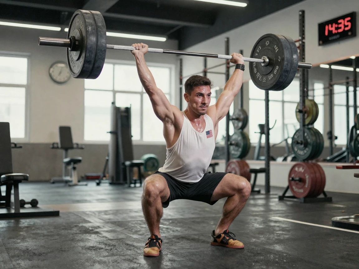 A man doing a snatch lift during Olympic weightlifting training.