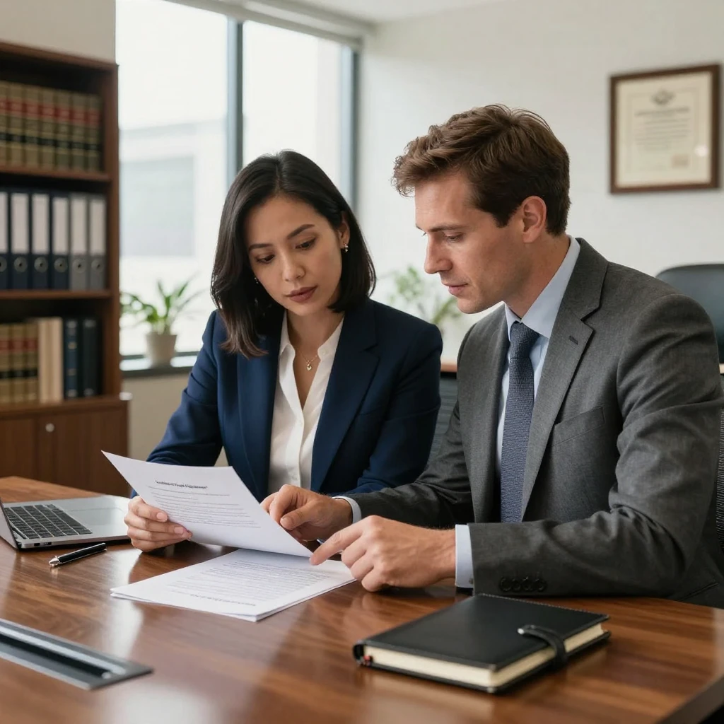 A businesswoman reviewing legal documents with a lawyer in a law firm office.