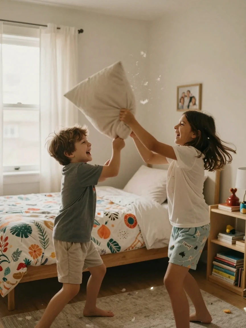 Siblings laughing while having a pillow fight in their bedroom.