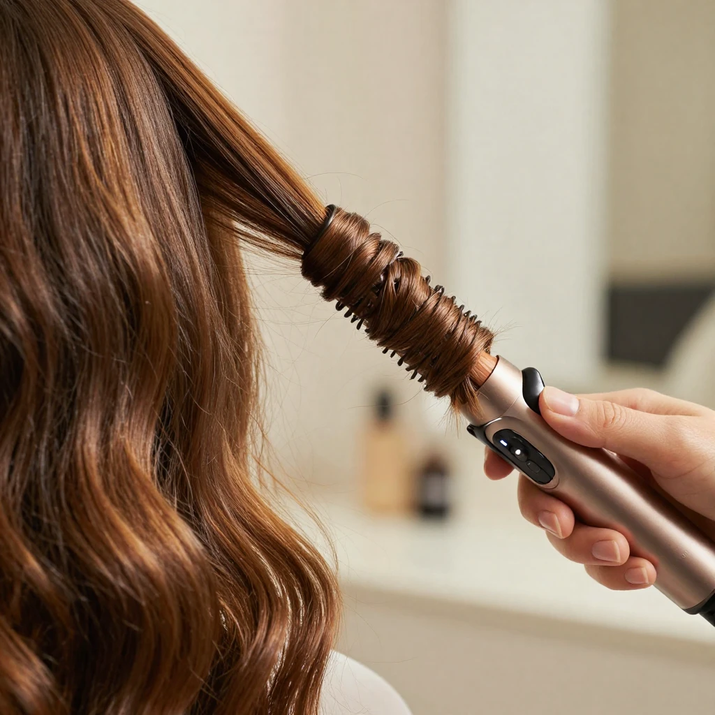 A close-up of hair being curled with a curling iron.