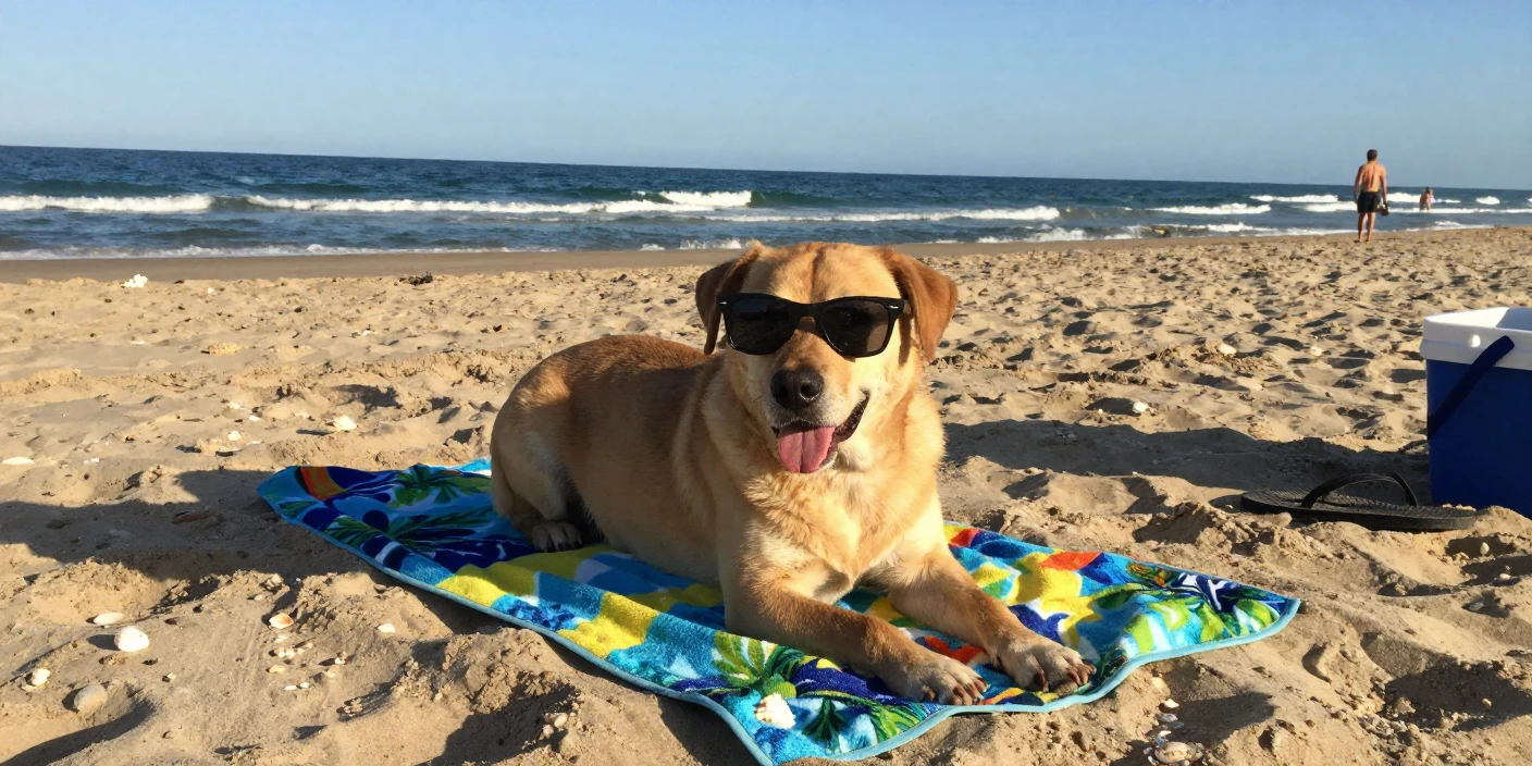 A dog wearing sunglasses lounging on a beach towel.
