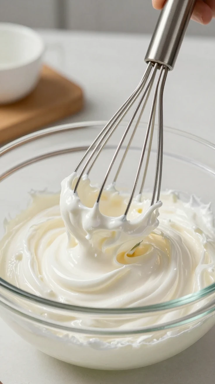 A close-up of a whisk beating cream into soft peaks.