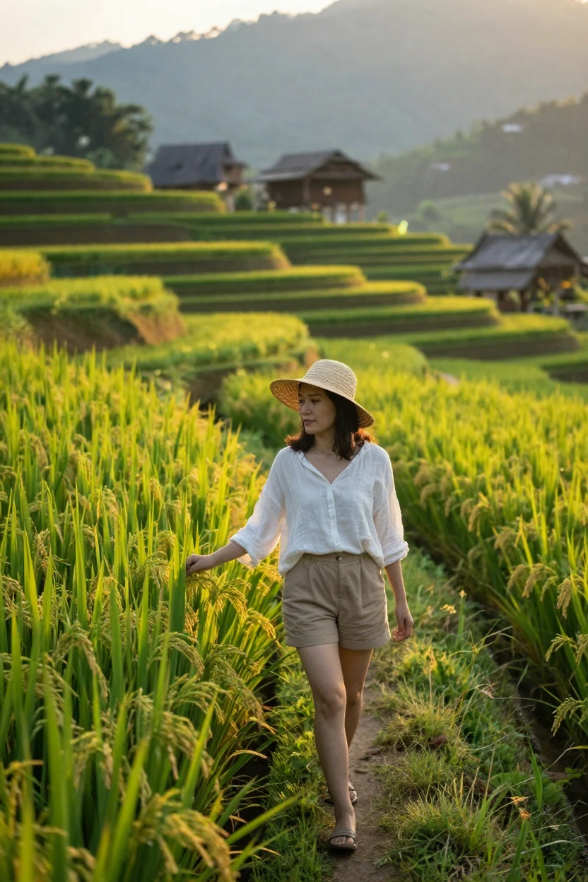 A woman walking along a rice terrace path in Southeast Asia.