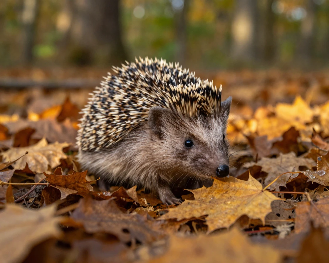 A close-up of a hedgehog foraging among fallen leaves.