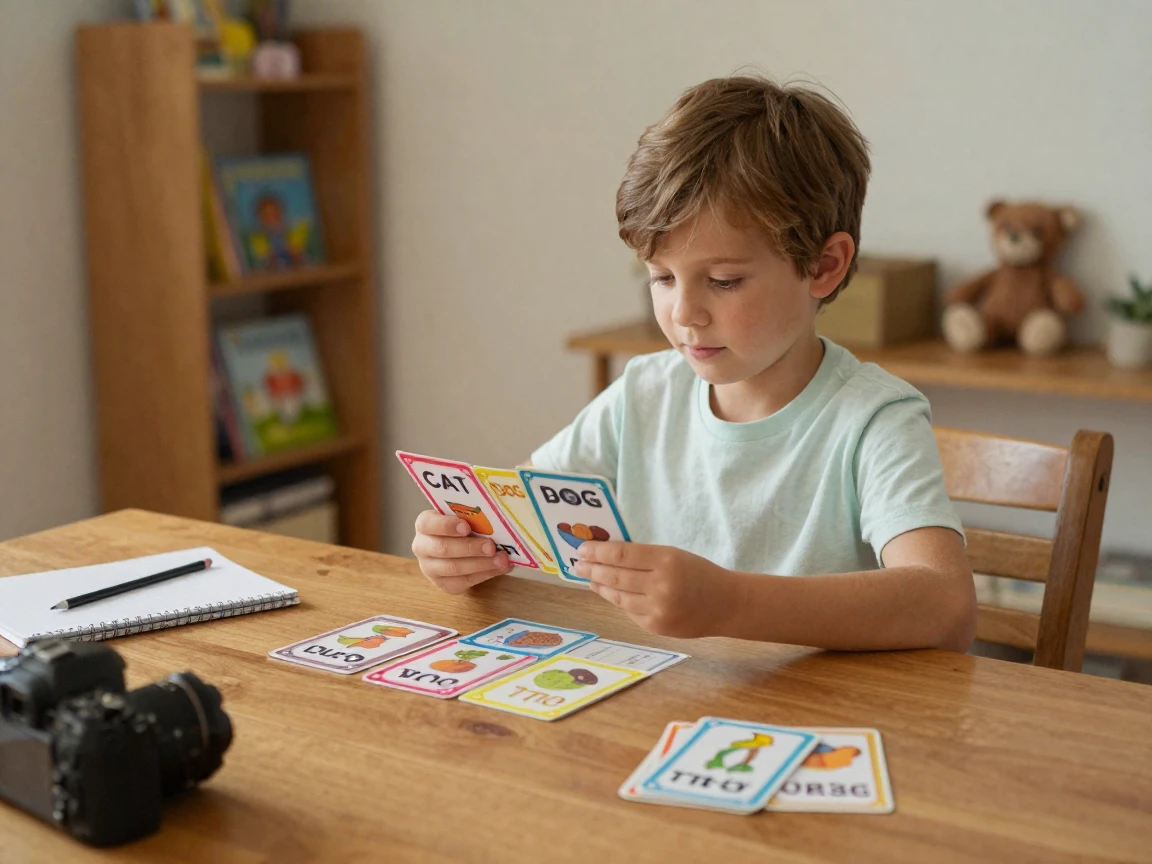 A child practicing spelling words with flashcards at home.