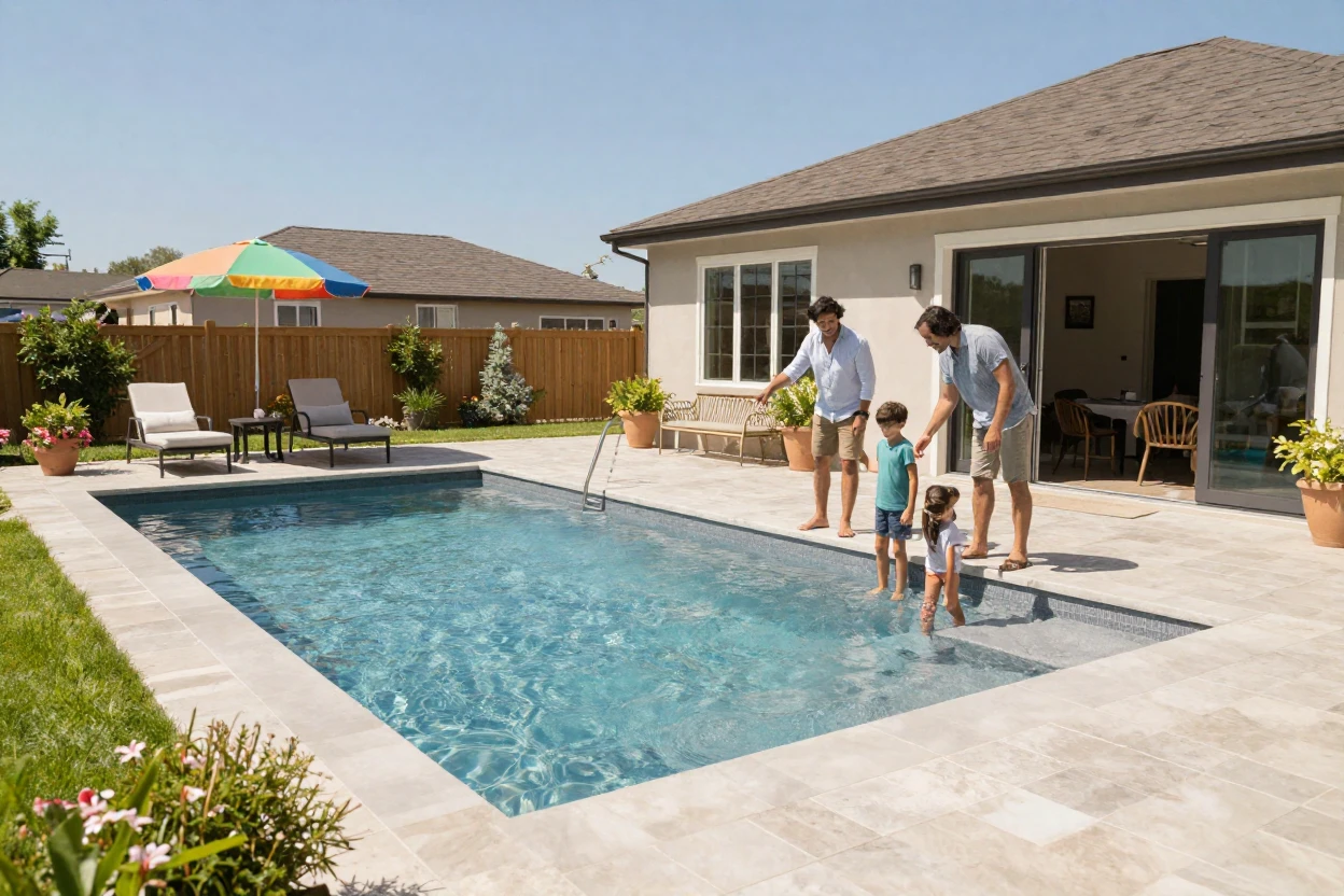 A family exploring a spacious backyard pool during a home showing.