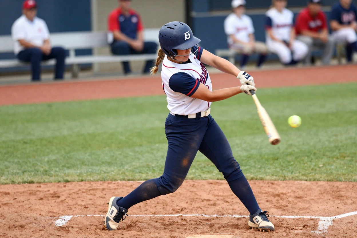 A softball player swinging a bat during an at-bat.