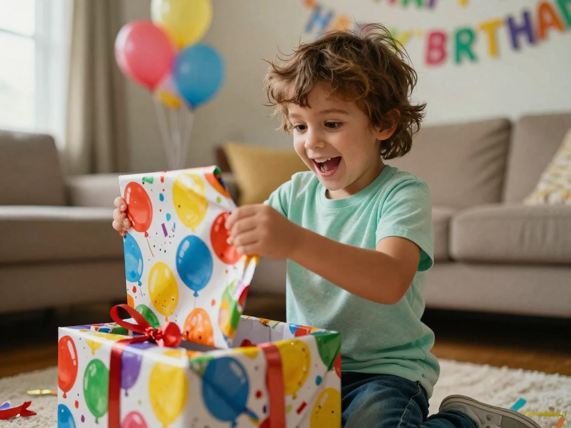 A child excitedly opening a birthday present wrapped in colorful paper.