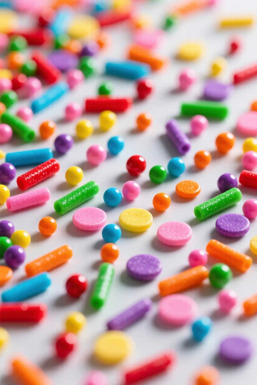 Abstract background of colorful sprinkles scattered across a plain surface.